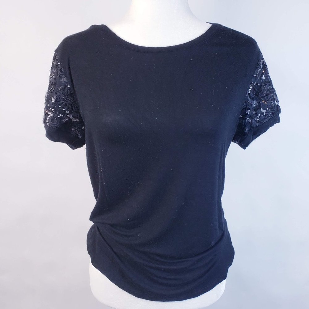 Totto Black Blouse Sequin Embroidered Sleeve Small